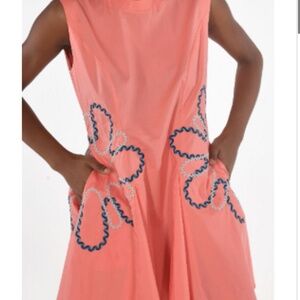 Celina Moon orange mini high neck flare dress with blue details (NWT!!!!)
